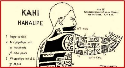 Dessin exécuté par Kahi pour Karl von den Steinen en 1898 (page 100)  Karl von den Steinen - Les Marquisiens et leur art - Tome 1 : Le Tatouage - Musée de Tahiti et des îles -Tahiti - 2005